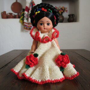Handmade Crochet Doll Dress for 12–14” Dolls – White Flared with red roses